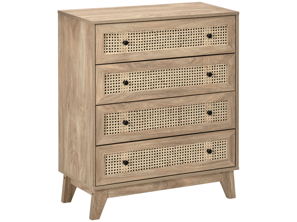 Cómoda 4 Cajones Estructura Ratán Madera Clara