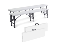 Taburete de plástico resistente Todeco, taburete plegable portátil, 183 x 43 x 30 cm, paquete de 2, se pliega por la mitad, carga máxima 300 kg - blanco