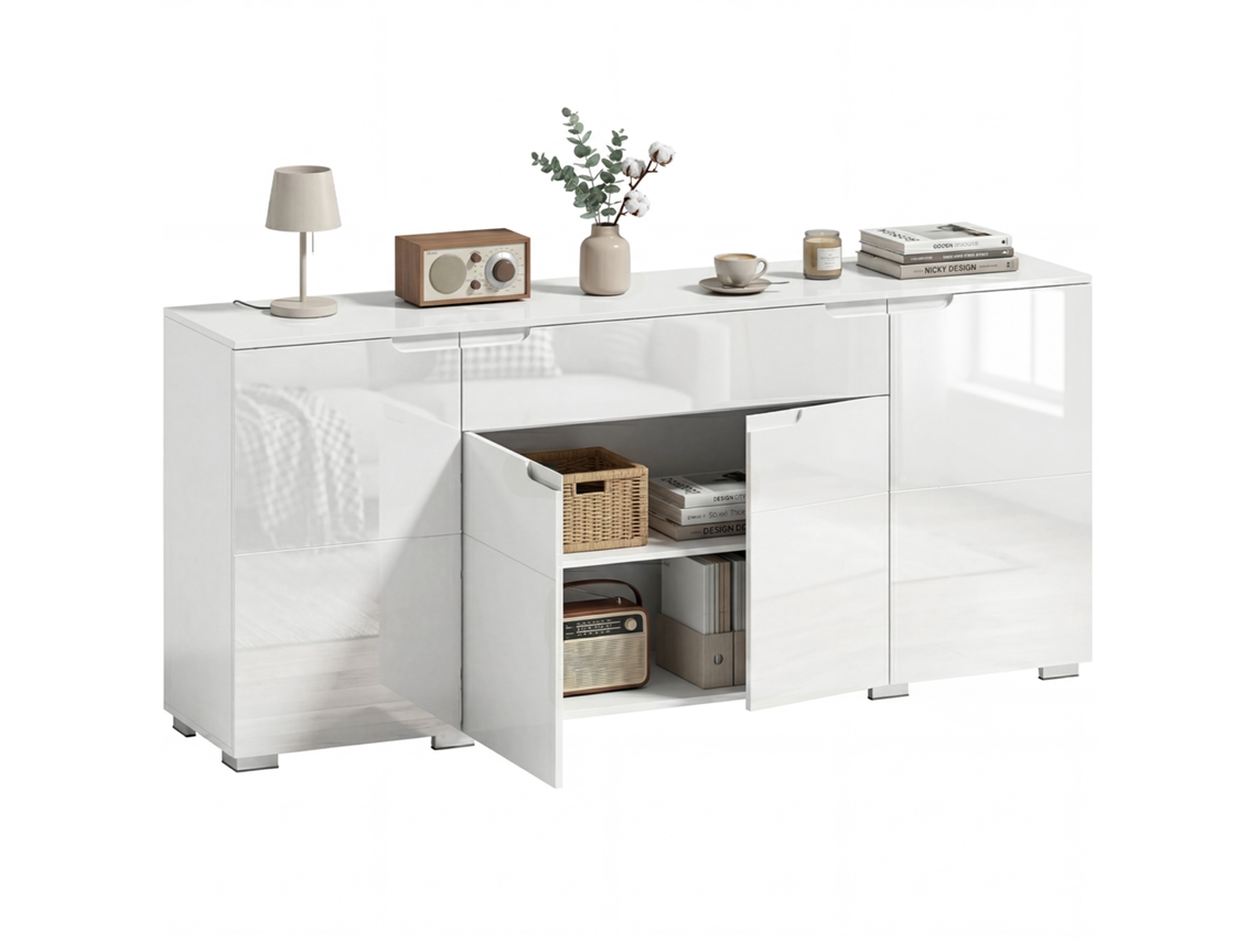 Aparador moderno de alto brillo con 4 puertas, blanco.