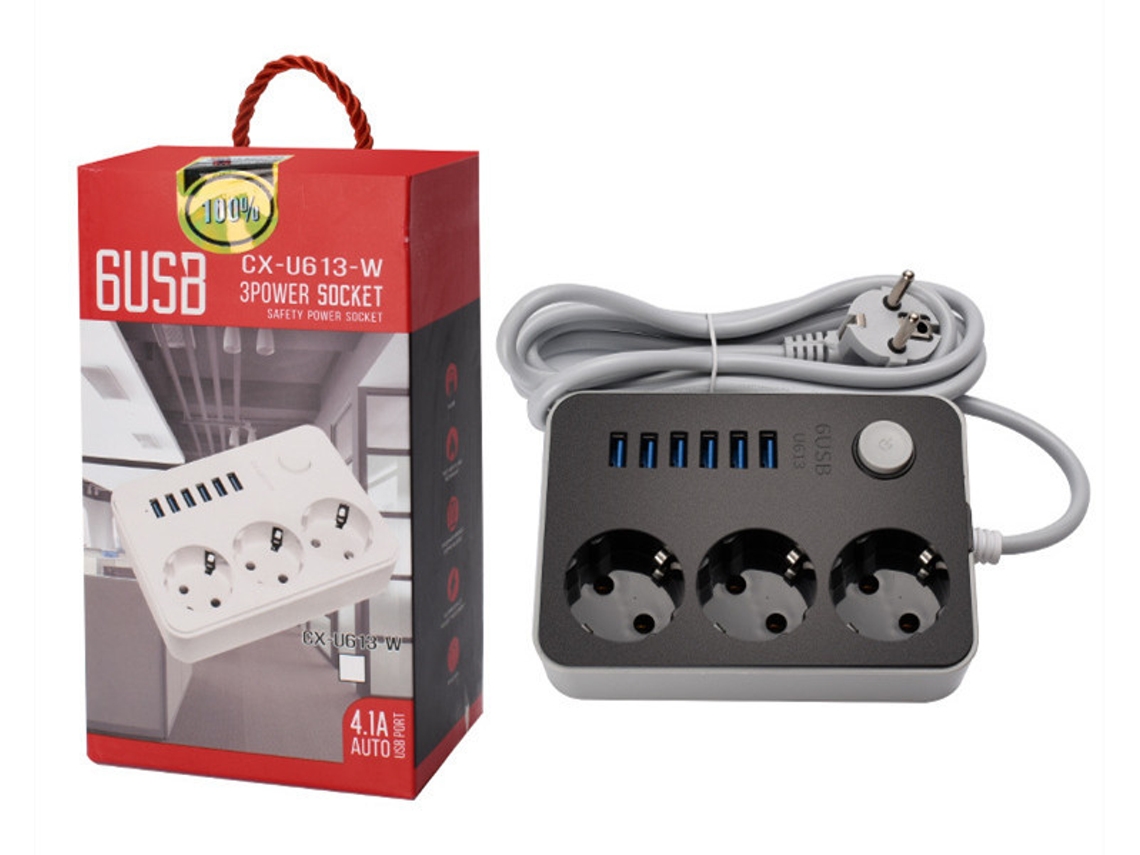 Fio De Extensão 2500w 3 Tomadas® 6 Usb 1.8 M Czhhmart
