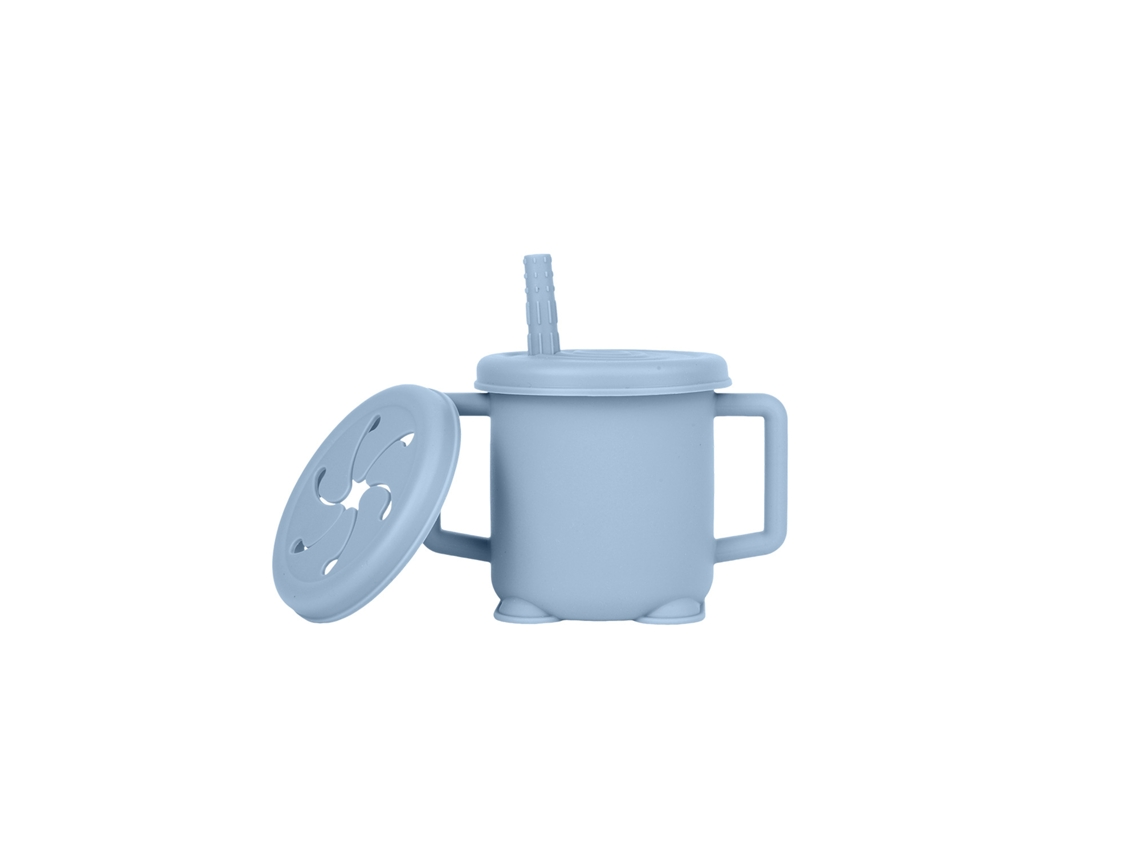 Botella de agua infantil de silicona con tapa, que también sirve como vaso para aperitivos y es resistente a las caídas. Color azul grisáceo.