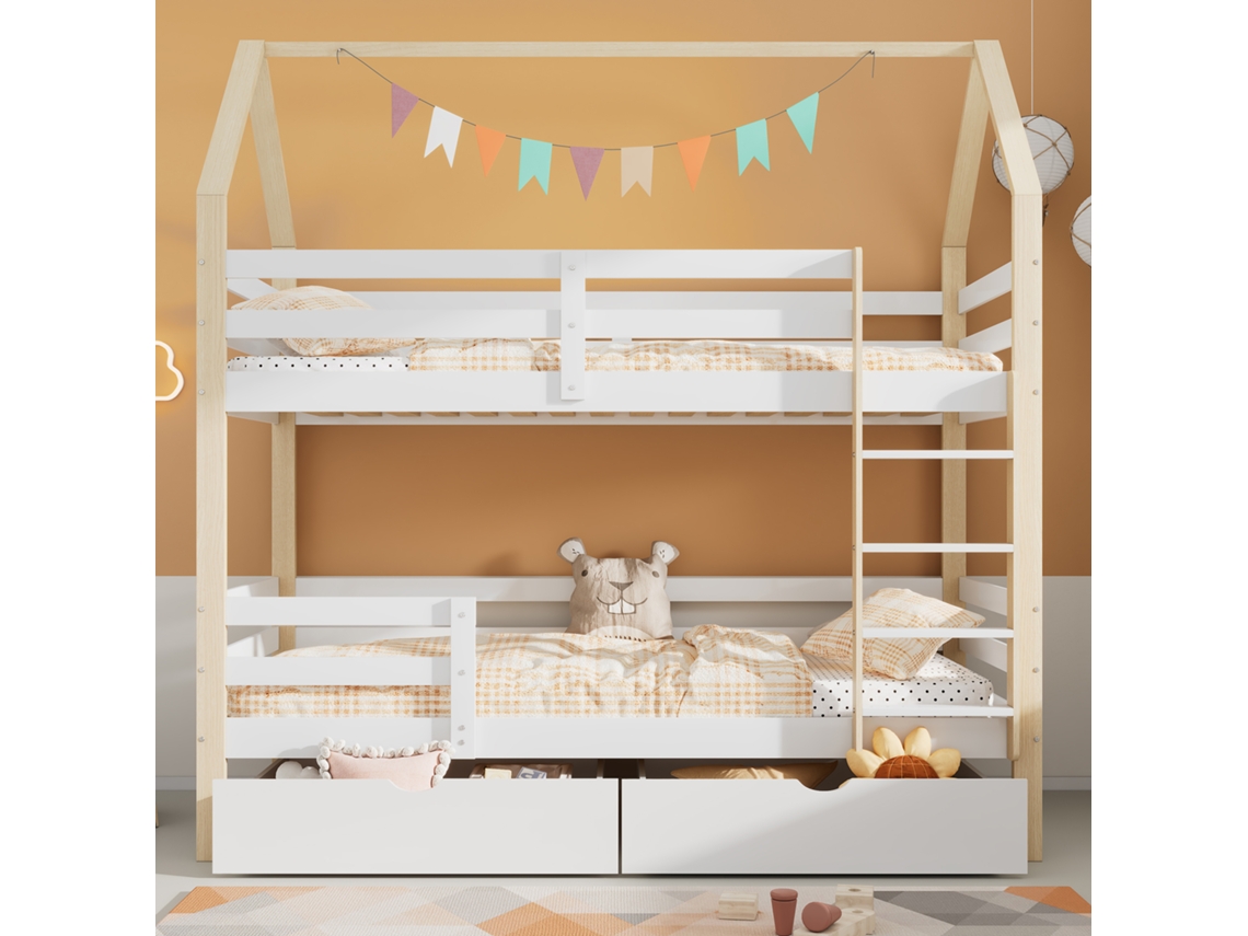 Litera Mobrio de madera de pino de 90 x 200 cm con 2 cajones y escalera blanca