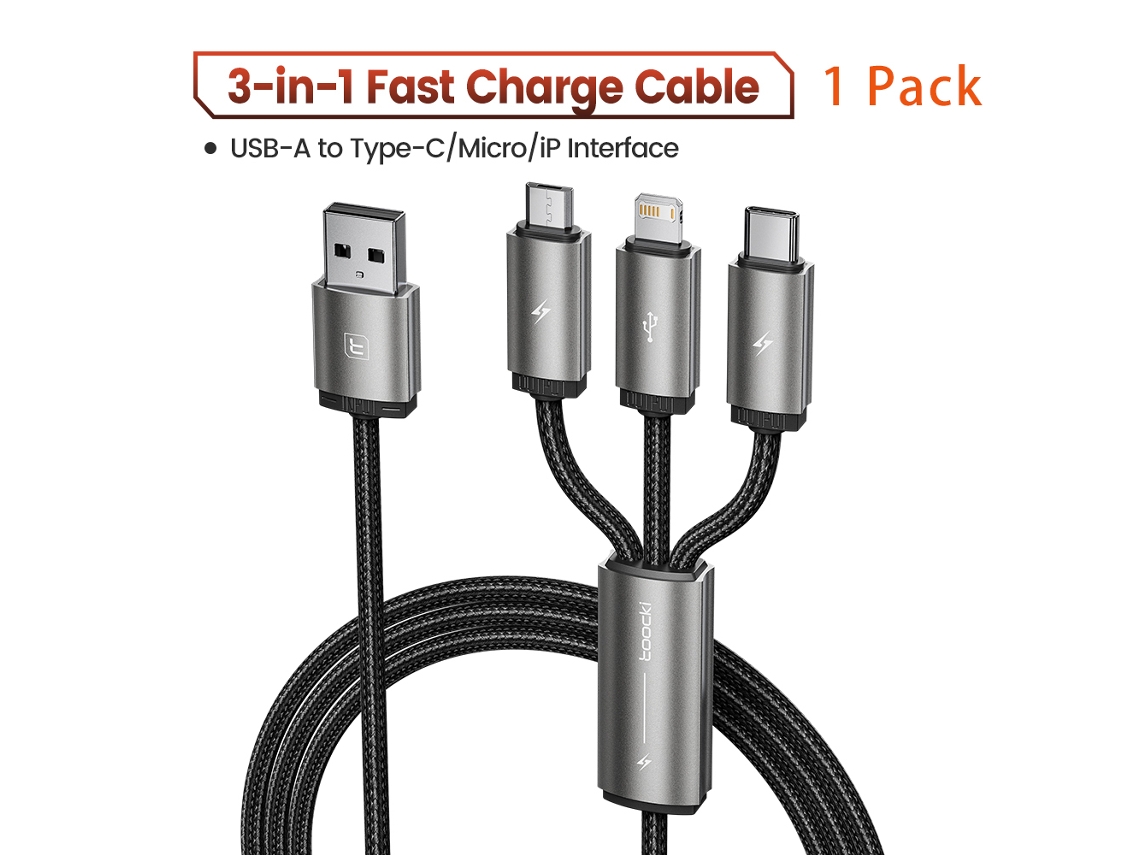 Cable USB 3 en 1, Micro USB/Tipo C/Lightning, Carga, Datos, Para iPhone 14/13/12/Poco/Huawei/Samsung/Xiaomi/Oppo, Color Negro