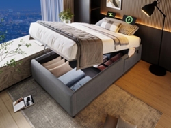 Cómoda Cama Tapizada 90×200 Cm - Tela De Lino - Con Enchufes De Carga Y Cojín De Láminas - Gris