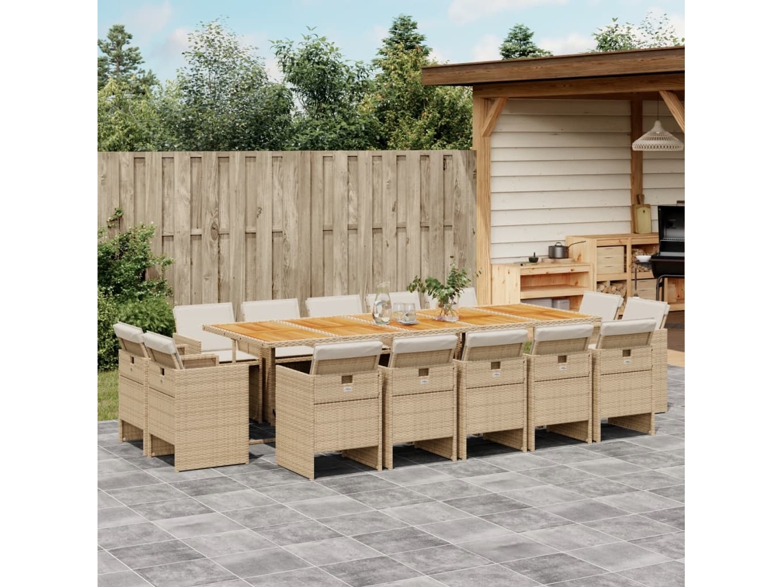 Juego de comedor de jardín de 15 piezas con cojines, mimbre sintético beige, DKD Home Decor