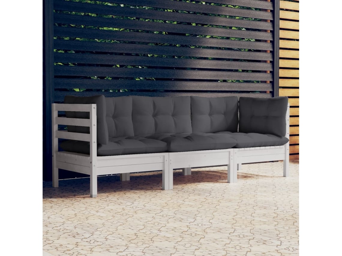 Sofá de jardín de 3 plazas con cojines antracita en pino macizo, Dkd Home Decor