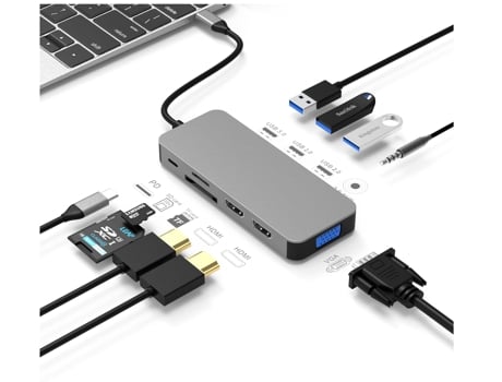 Adaptador Triple Monitor 10 En 1 4K Dual Hdmi 1080P Vga 3 Usb3.0/2.0 Tf/Sd 2.0 Audio 3 5 Mm 100 W Pd Compatible con Macbook Hp BISBISOUS