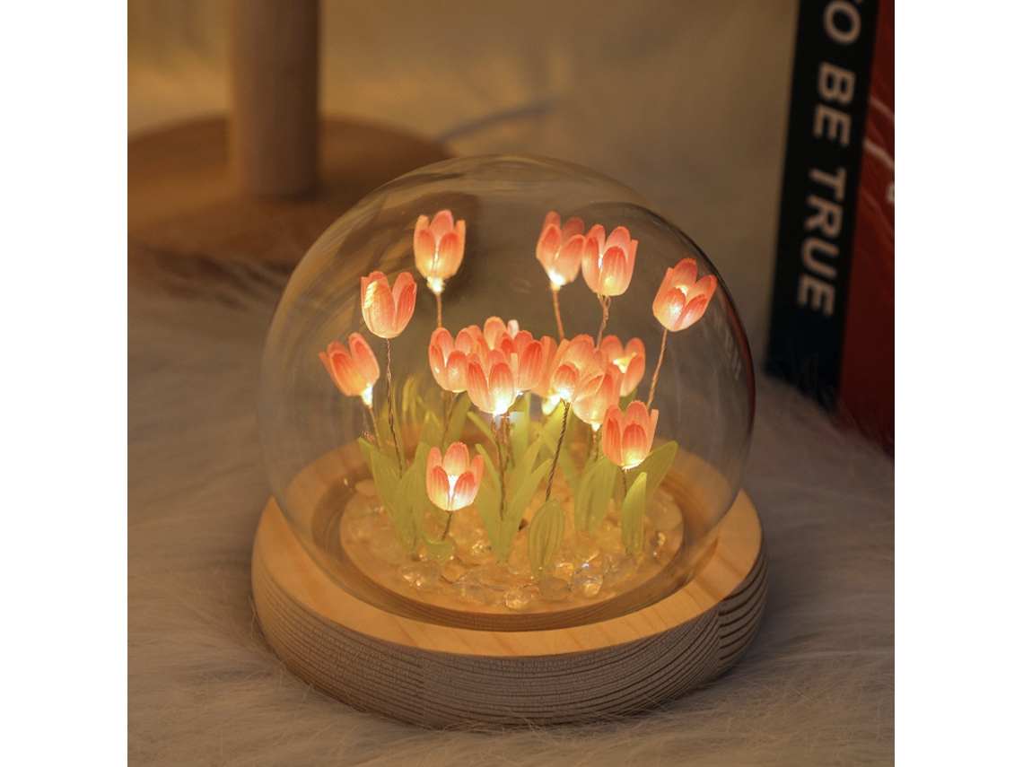 Lámpara Rosa Con Forma De Tulipán Bajo Una Cúpula Acrílica, Juego De 16 Piezas Para Armar, Elemento Decorativo Para El Dormitorio, Regalo De