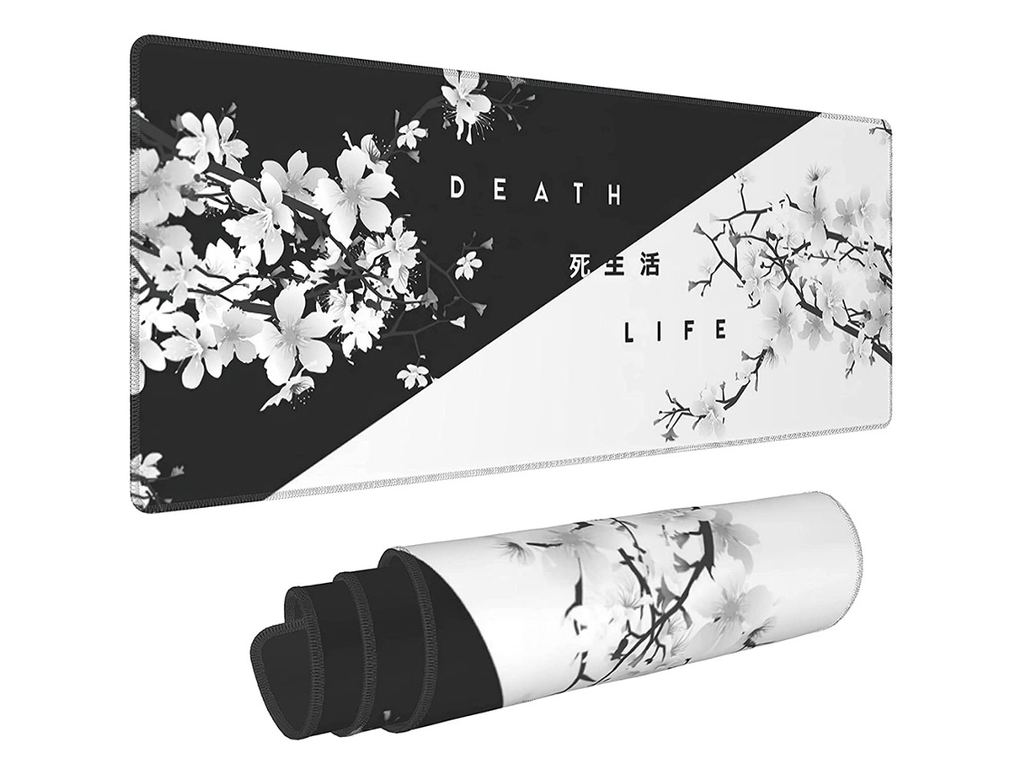 MEOIRUERY Alfombrilla de Ratón Negra y Blanca con Dibujo de Cerezo en Flor 80X30 cm Base Antideslizante de Goma Borde Cosido XL para Ordenador Portátil Gaming