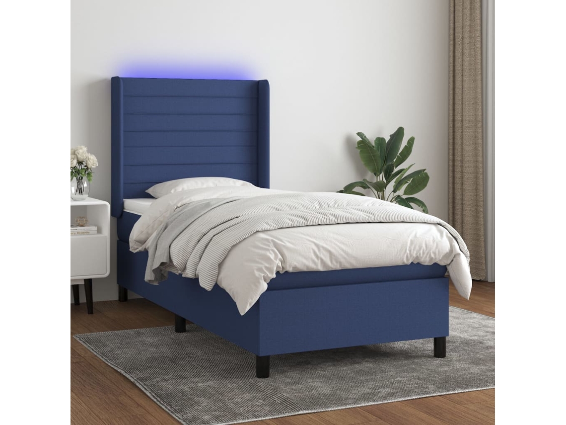 Cama Box Spring Colchón Y Luces Led Tela Azul 90x200 Cm