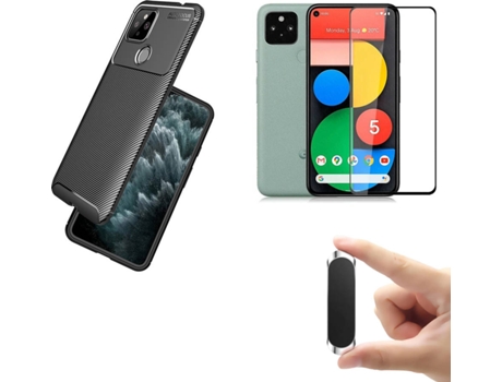 Kit Película Full Cover Google Pixel 4A 5G PHONESHIELD Rugged Carbon y Soporte Magnético Negro