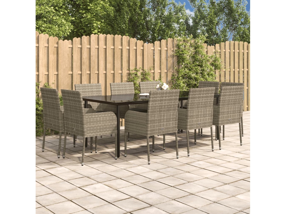 Juego de comedor de jardín de 11 piezas con cojines de mimbre negro/gris DKD Home Decor