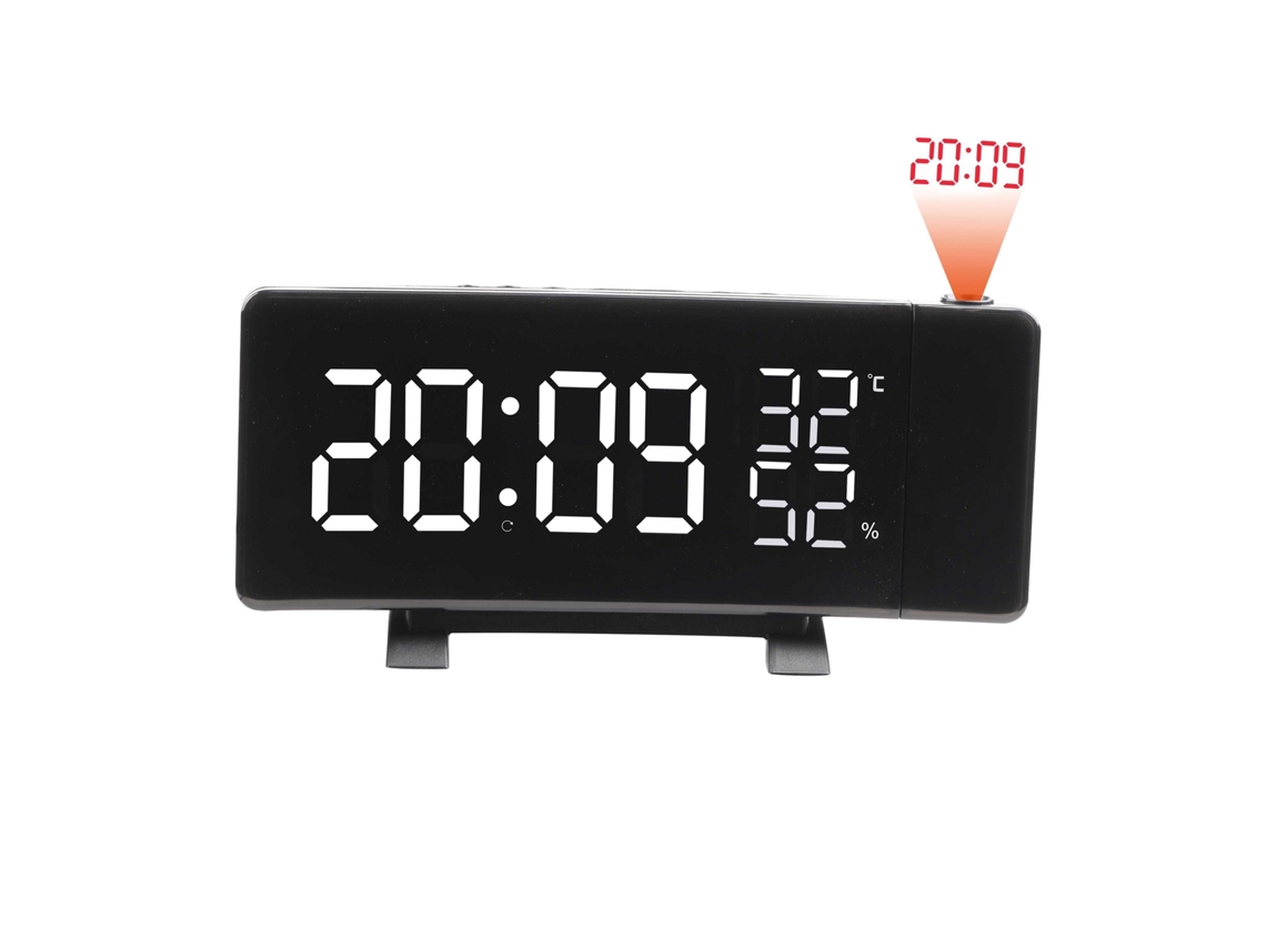 Reloj Mali con alarma, proyección giratoria, radio FM, termómetro, higrómetro y carga USB.