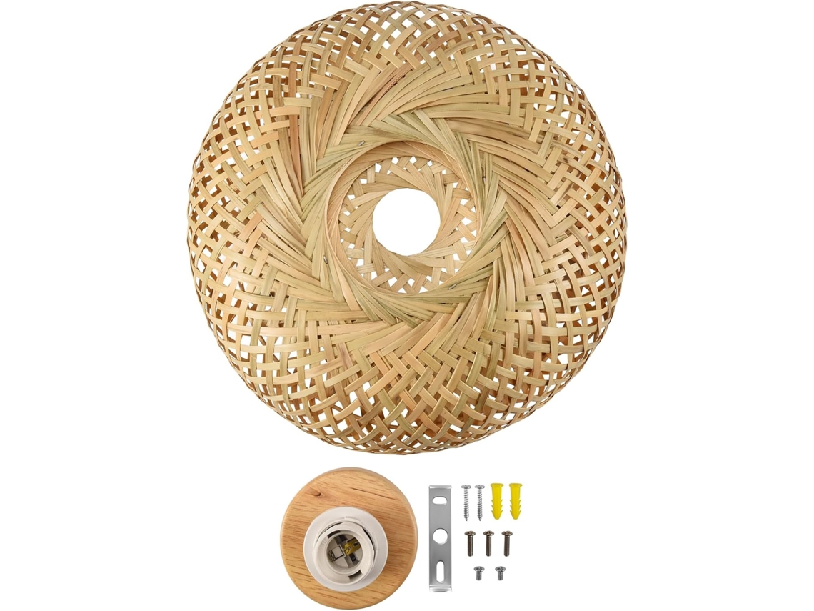 Lámpara de techo empotrada de mimbre de bambú para sala de estar, dormitorio y comedor, 30 x 18 cm Gokoco