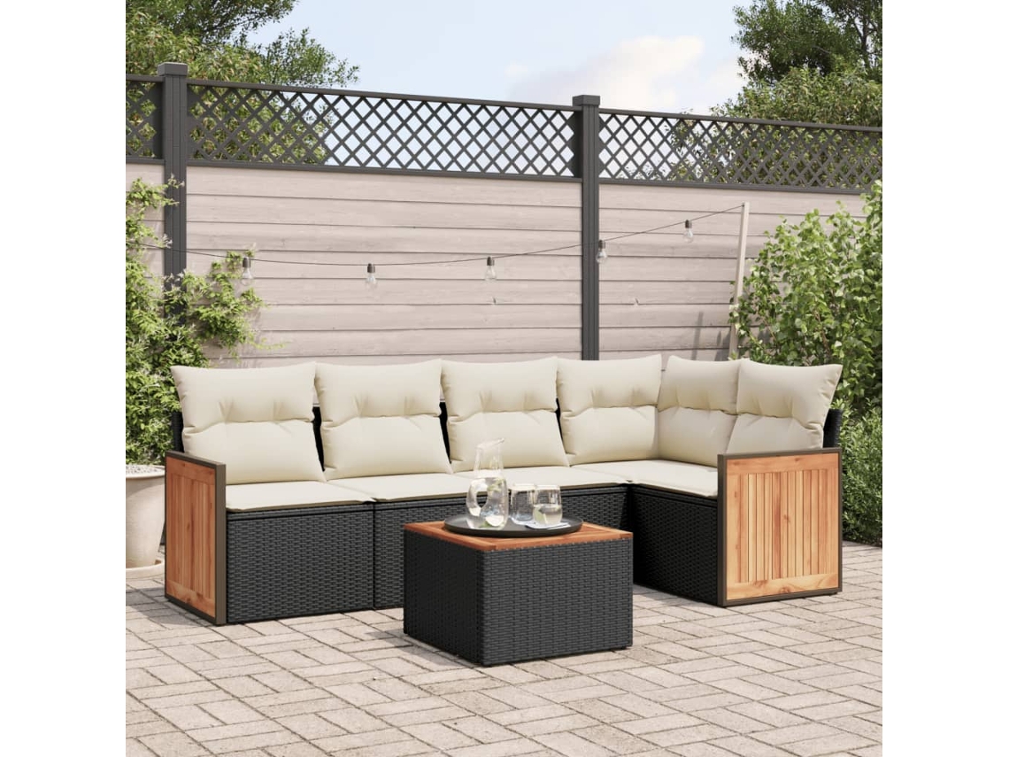 Conjunto de sofá de jardín de 6 piezas con cojines, mimbre sintético negro, DKD Home Decor
