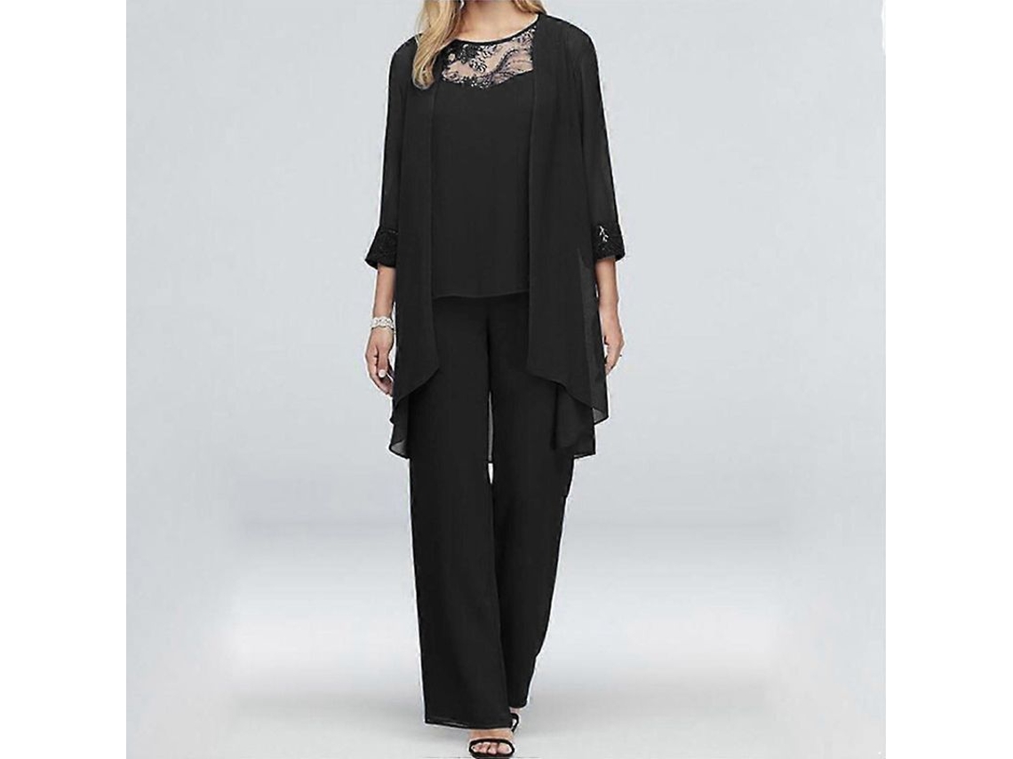 Traje De Pantalón Para Madre De La Novia 3 Piezas Conjunto Formal De Bodas Talla Plus Chiffon M Negro