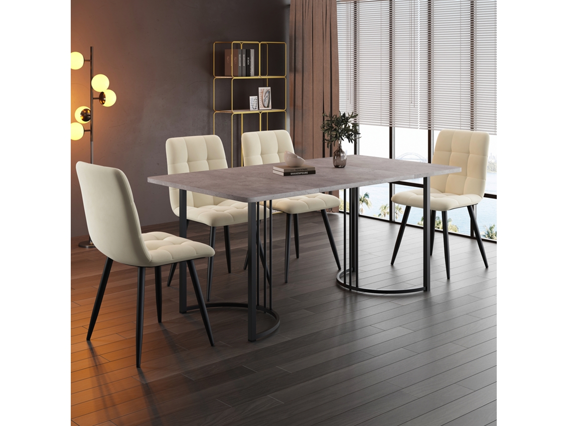 Mesa de 140 cm con 4 sillas de terciopelo, color beige y negro.