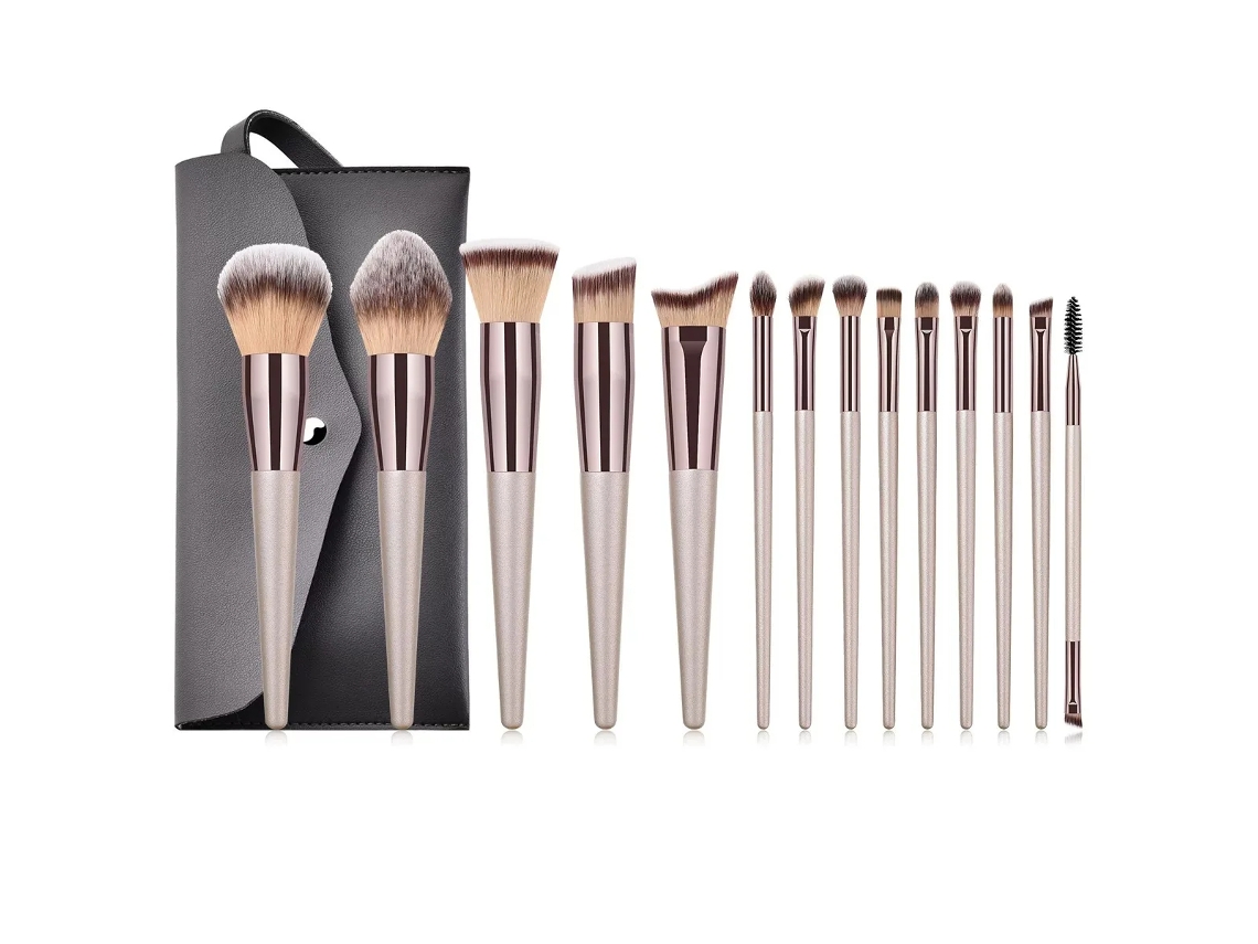 Juego de 14 brochas de maquillaje para mujer en color champán con estuche negro. MDUG