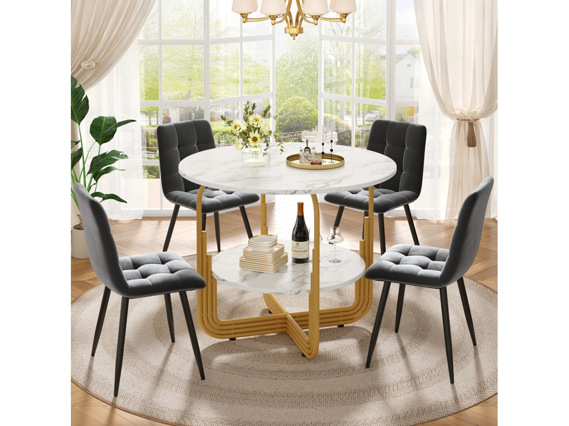 Conjunto Mesa Y Sillas 80 Cm - Mesa Redonda Con Patas Metálicas Doradas - Sillas Grises