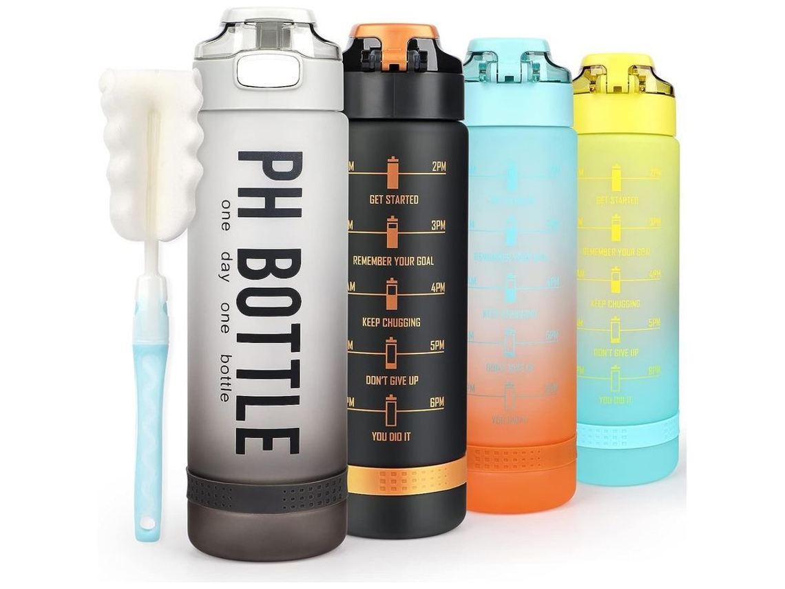 Botella de agua Rebe-Water Linjou de 1 litro para deportes, libre de BPA, de plástico ecológico, a prueba de fugas, color plateado.