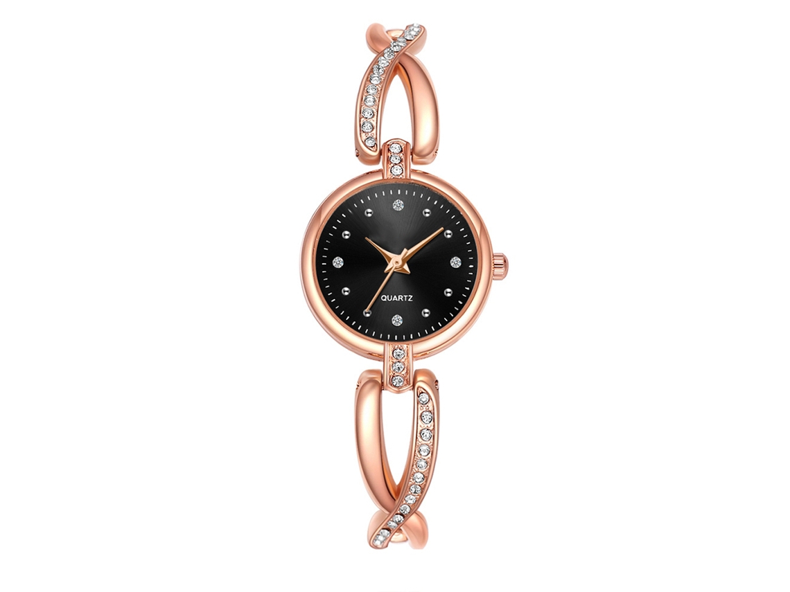 Reloj De Pulsera De Cuarzo Para Mujer Con Brazalete De Aleación En Oro Rosa Y Diamantes De Imitación Negros.