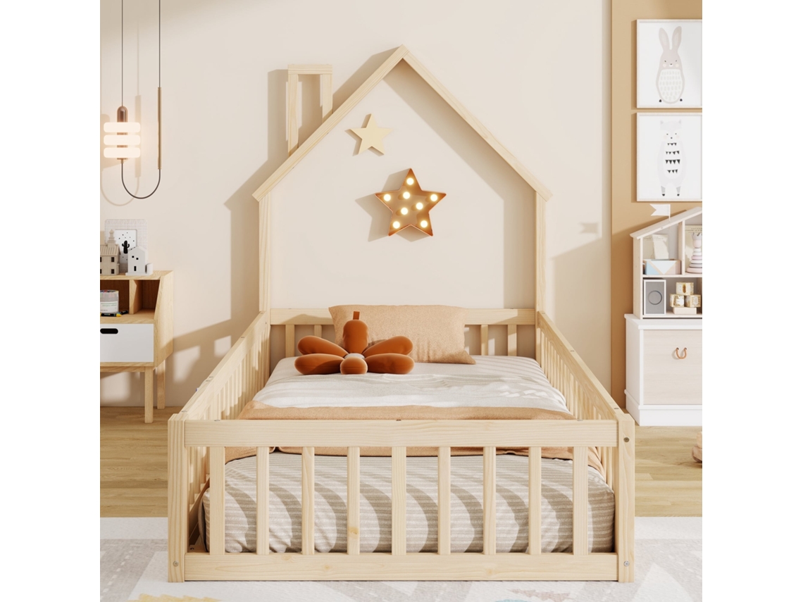 Cama Infantil 90x200cm, Forma Chimenea, Sombrilla De Láminas Incluida, Pino Natural, Seguridad 120kg, Sin Colchón