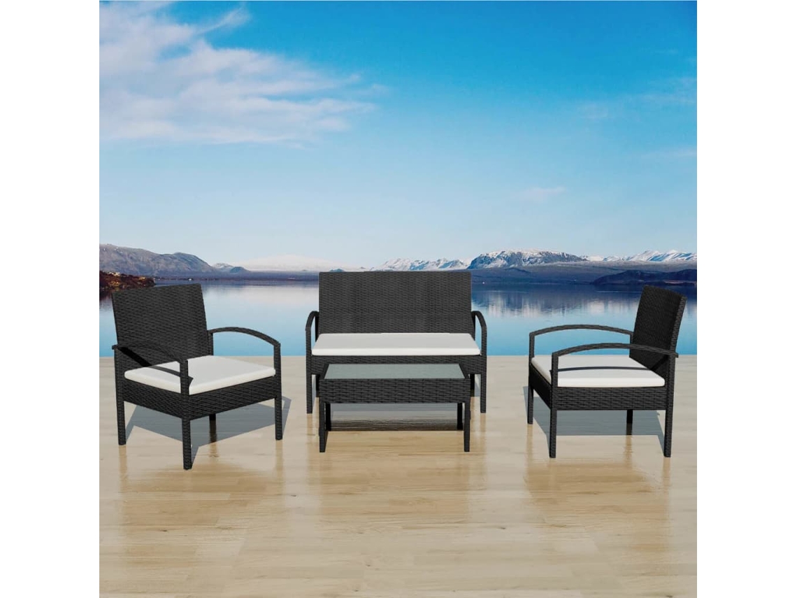 Conjunto de jardín de 4 piezas DKD Home Decor con cojines de mimbre negros