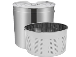 Olla para sopa, capacidad de 100 litros, fabricada en acero inoxidable 201, con asas retráctiles y acabado pulido. Incluye cesta de filtro original.