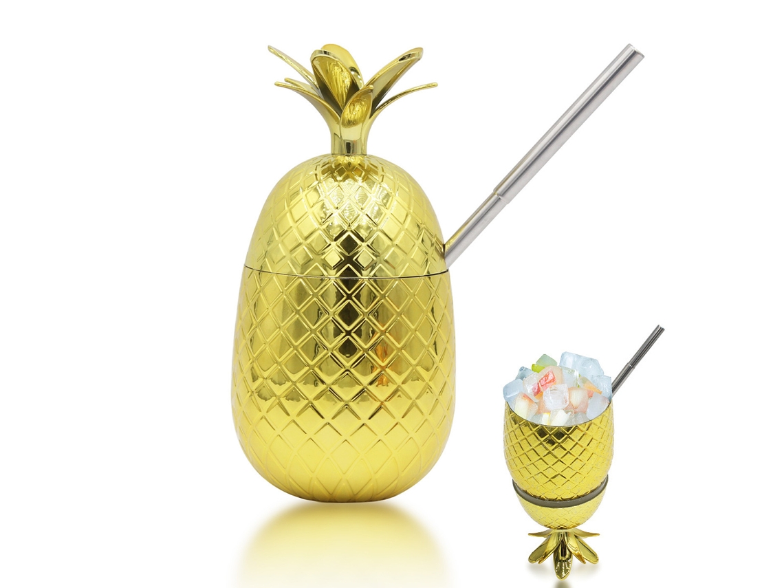 KOFIHETY Taza de Cobre con Forma de Piña para Moscow Mule 16oz con Tapa y Sorbete Accesorios para Bar