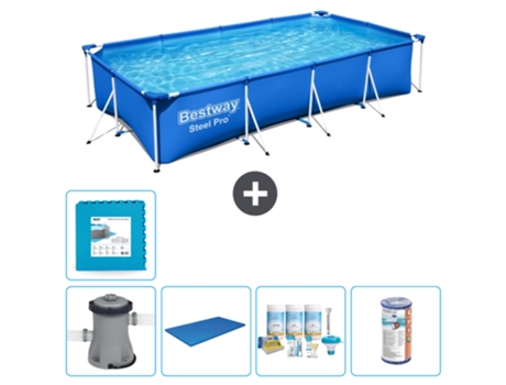 Piscina BESTWAY Rectangular Steel Pro - 400 x 211 x 81 cm - Azul - Bomba incluida Cubrir - Paquete de mantenimiento - Filtrar - Baldosas