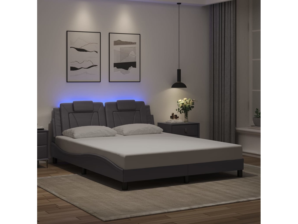 Estructura De Cama Con Luces Led Cuero Pe Gris 160x200 Cm