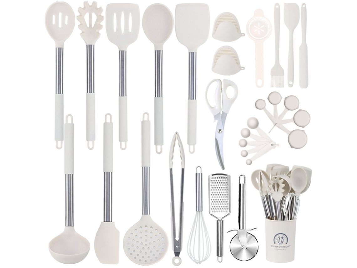 Juego De Utensilios De Cocina De Silicona Resistentes Al Calor Juego De 30 Piezas Con Asas De Acero Inoxidable Para Cocinar Y Hornear Beige Cuich