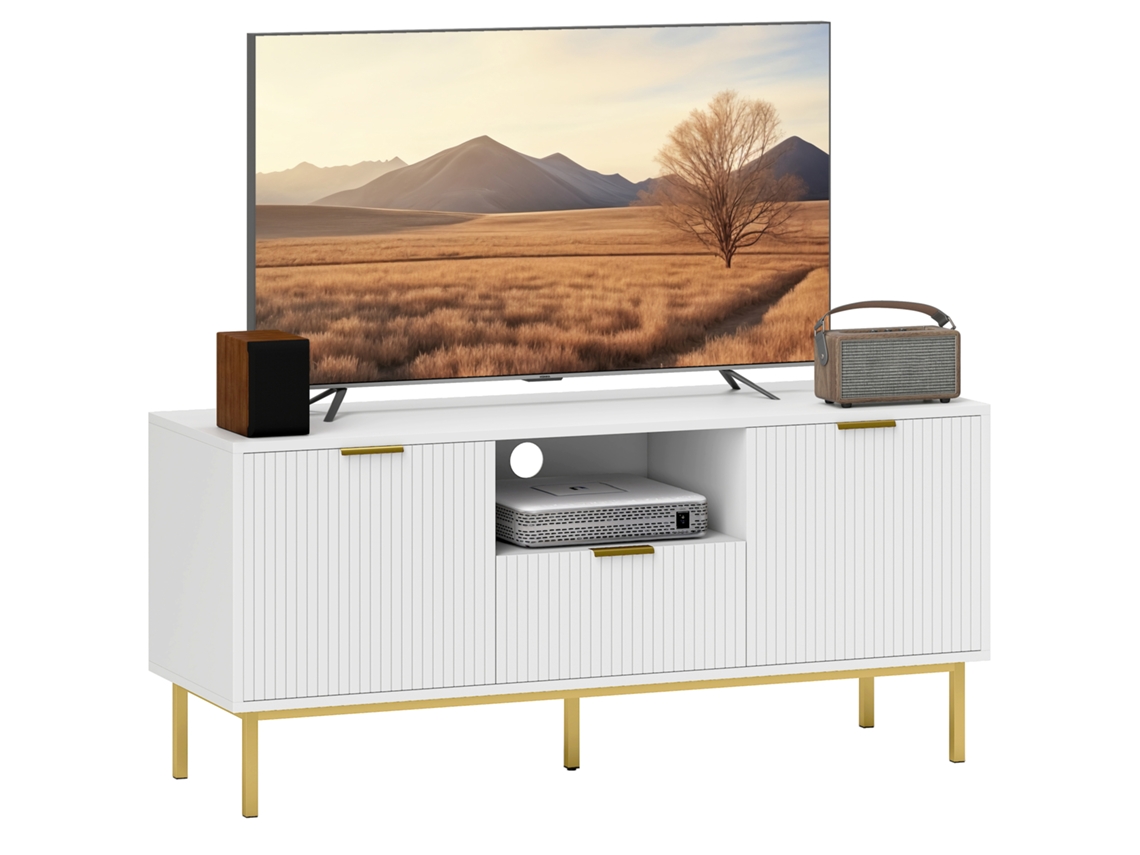 Mueble Para Tv De 50 Pulgadas Con 2 Puertas De Cierre Suave, Cajón Y Compartimento Abierto, 120x39x54cm, Blanco