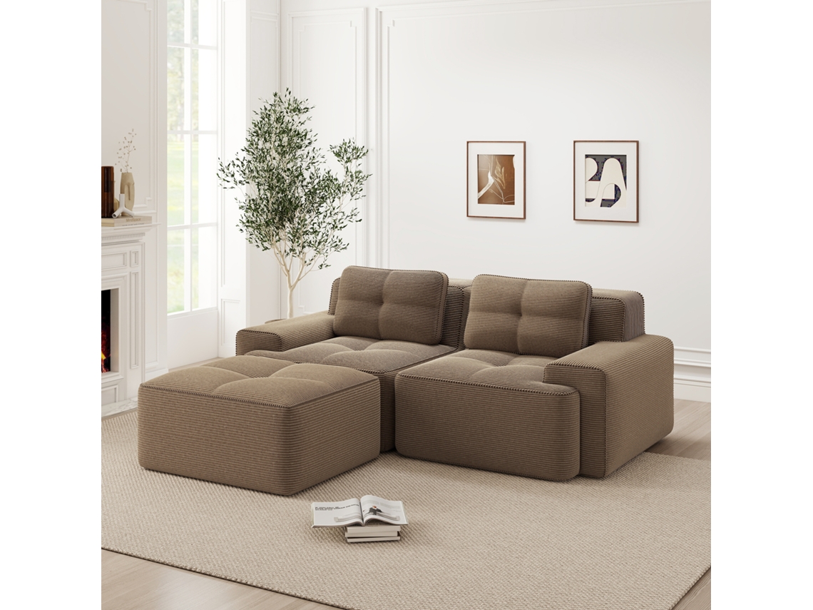 Sofá Modular Boneless 2 Plazas - L-förmig, Profundo, Cómodo, Con Otomán Y Tapizado De Corduroy - Marrón