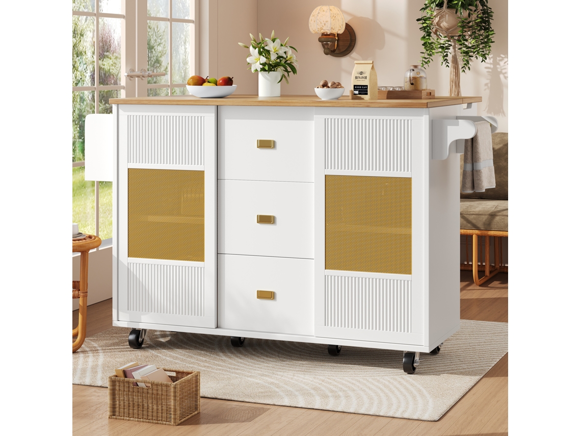 Isla De Cocina, Aparador, 120x73(45)x90cm, Carrito De Cocina Extensible Con Ruedas, Toallero, Especiero, Estantes Regulables, Blanco