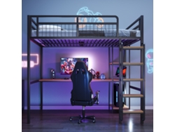 Cama alta de metal de 140 x 200 cm con escalera, escalón, mesa y estantes. Ideal para niños o adultos. Barandilla de seguridad negra.