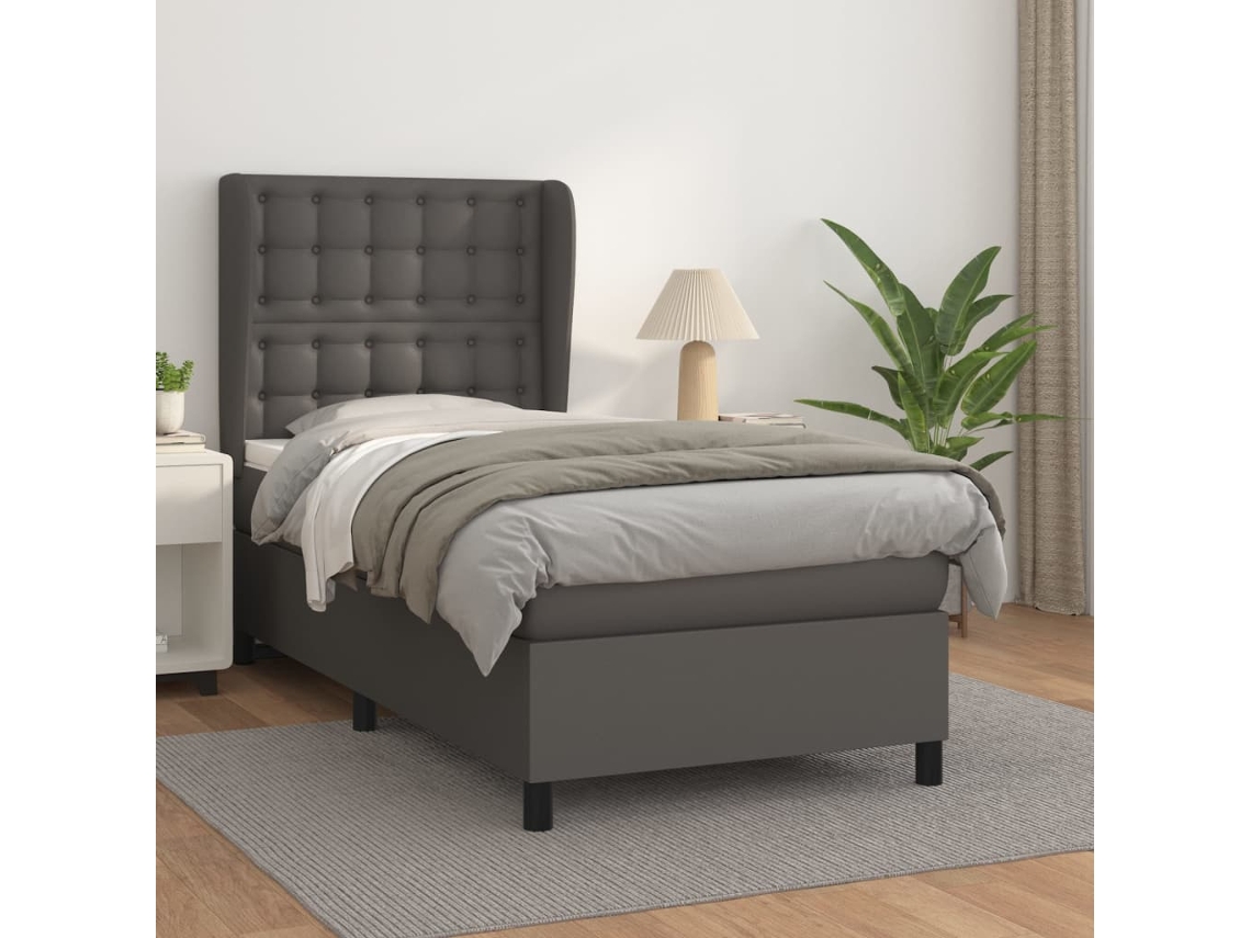 Cama Box Spring Con Colchón Cuero Sintético Gris 100x200 Cm