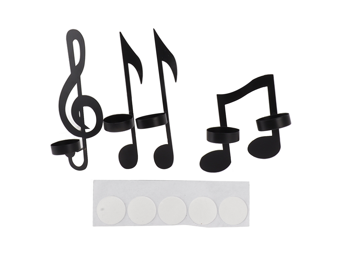 Apliques de pared con velas y notas musicales, color negro, 4 piezas.