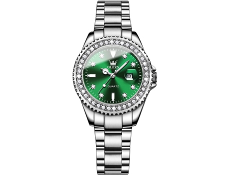 VEANXIN Reloj casual de acero inoxidable para mujer, estilo simple con diamantes en números romanos(Verde/Plata)