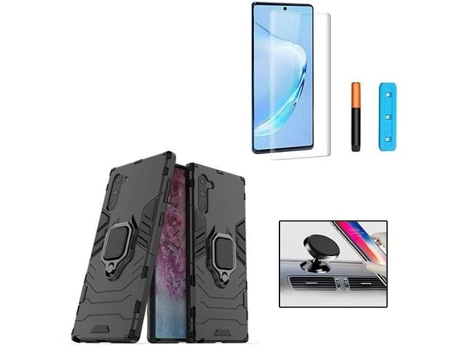Kit Carcasa, Protector de Vidrio Nano Curved UV y Soporte Magnético Auto Samsung Galaxy Note 10 PHONOCARE Militar Negro