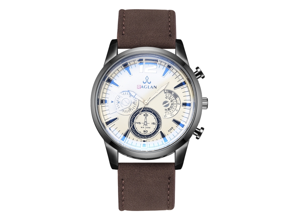 Reloj De Cuarzo Para Hombre Con Correa De Cuero Pu Moda Dial De Tres Ojos Marrón