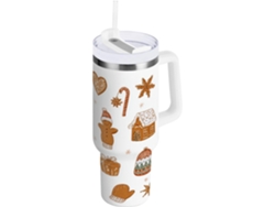 Taza térmica navideña con tapa y pajita, botella de agua de acero inoxidable con asa, sin marca.