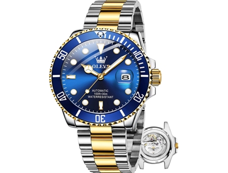 VEANXIN Reloj mecánico automático para hombre de acero inoxidable sin batería(Esfera azul dorada.)