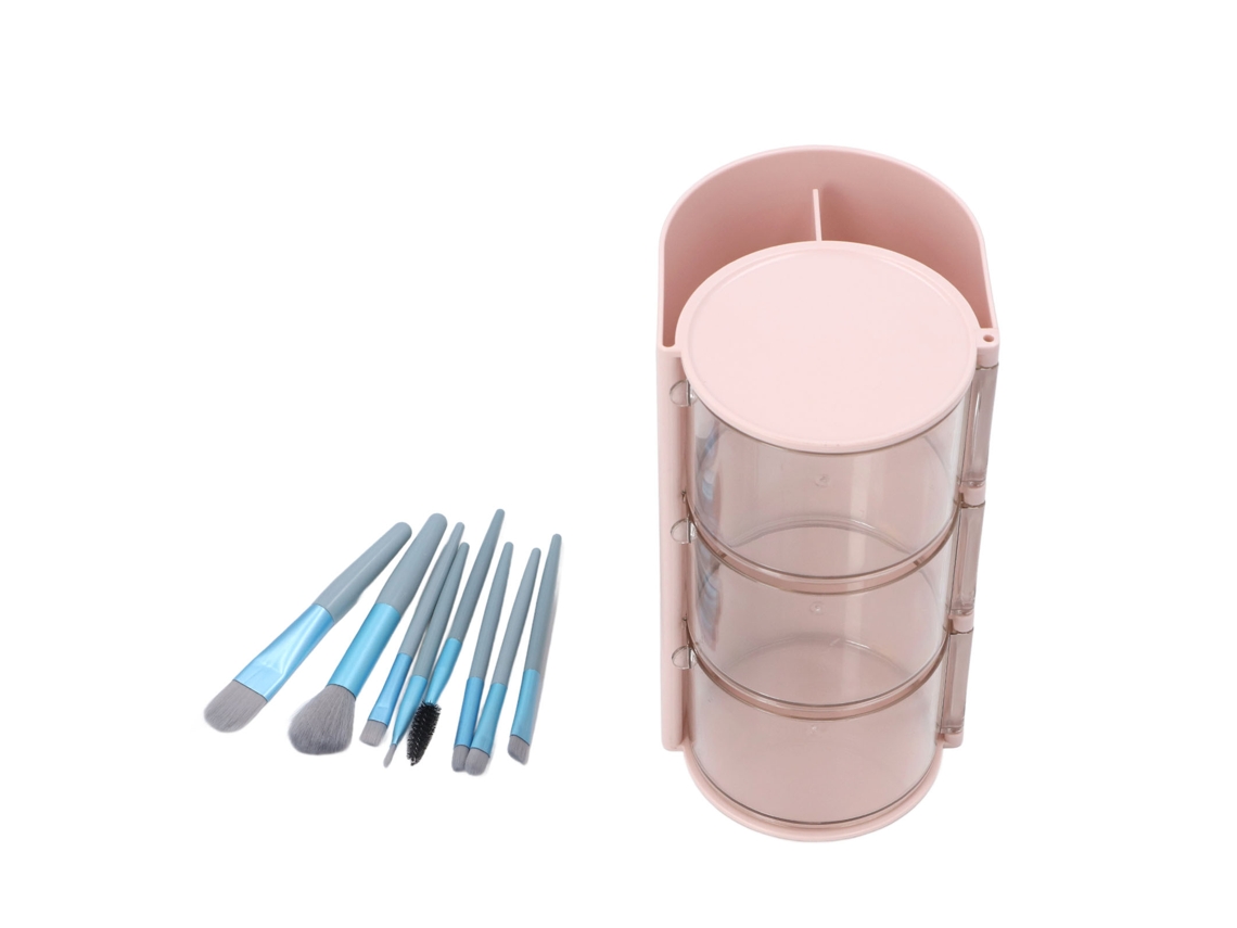Caja De Almacenamiento Para Esponja De Polvos Con 8 Brochas De Maquillaje, Plástico Transparente, Giratoria, 3 Niveles, Color Rosa.