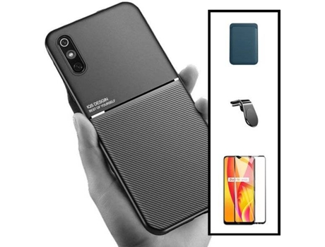 Kit Funda Magnetic Lux, Magnetic Wallet Azul, 5D Full Cover y Soporte Magnético L Safe Driving Coche Xiaomi Redmi 9A Sport PHONECARE Negro