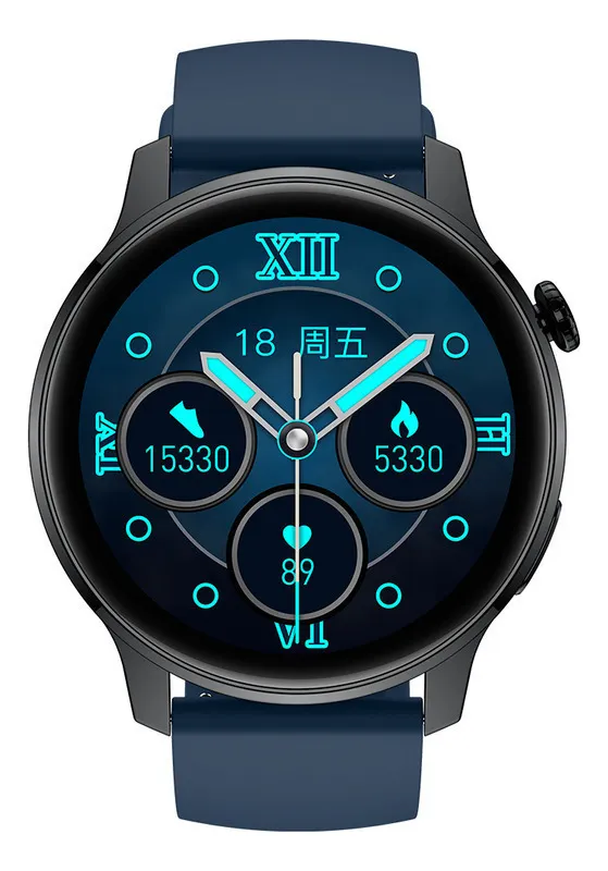 Reloj inteligente con pantalla redonda para llamadas y música.