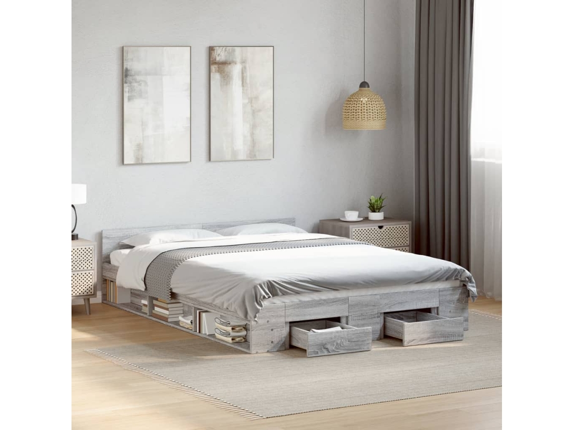 Cama Con Cajones Madera Ingeniería Gris Sonoma 160x200 Cm