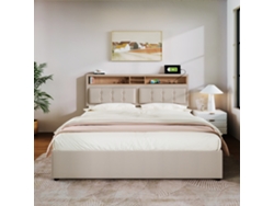 Cama Tapizada Para Adultos Con 4 Cajones Y Puerto Usb - 160x200 Cm - Tejido De Lino - Beige