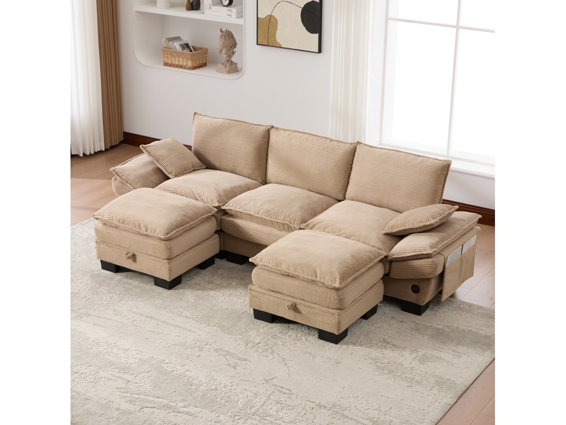 Sofá Modular 3 Plazas Pana Con 2 Otomanas Caqui