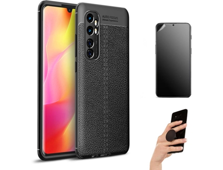 Kit Carcasa y Protector Xiaomi Mi Note 10 Lite Ultimatte Rugged Leather Popsocket Negro